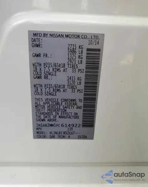 2015 Nissan Pathfinder S z USA, uszkodzony, nr VIN 5N1AR2MM5FC614922